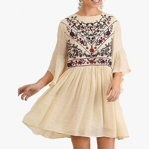 Umgee The Lily Dress Boho Embroidered Gauze Flowy 3/4 Sleeve  Mini Dress Size L